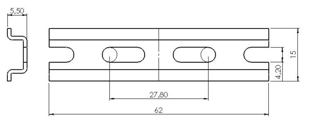 Rysunek techniczny elementu z wymiarami: długość 62, wysokość 15, szerokość 5,50. Dwa owalne otwory przelotowe na środku, o wymiarach 27,80 i 4,20.
