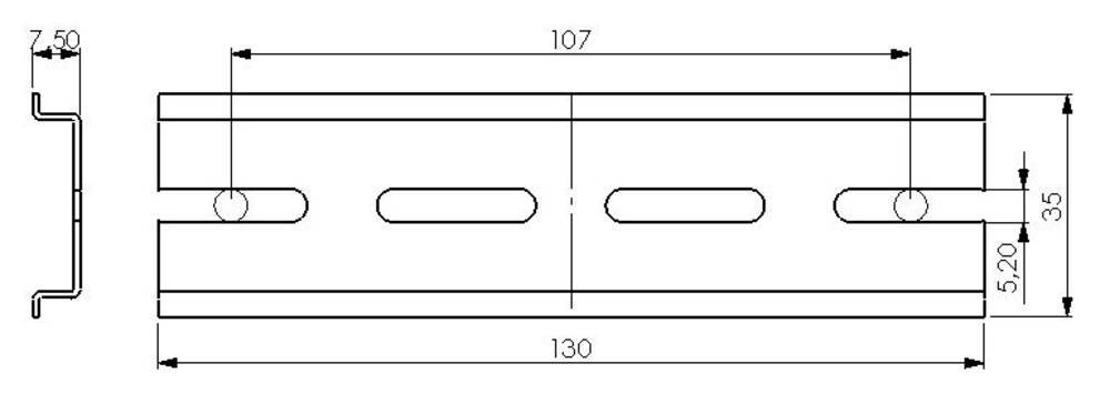 Rysunek techniczny profilu metalowego o wymiarach 130 mm długości, 35 mm szerokości i 7,50 mm wysokości. Zawiera wycięcia o długości 107 mm.