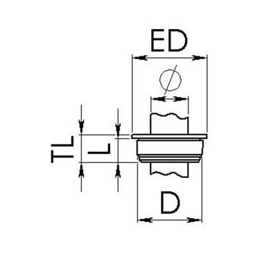 Rysunek techniczny elementu z wymiarami 'D', 'ED', 'L', 'TL'. Przedstawienie przekroju i otworu.