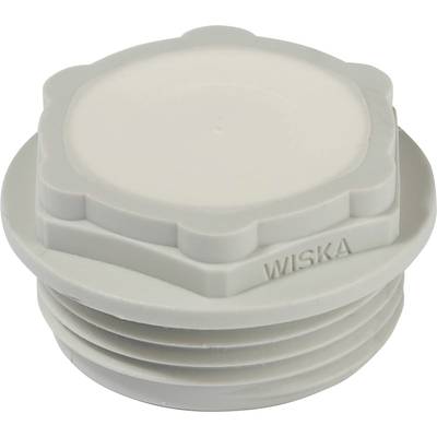 Szara plastikowa nakrętka gwintowana z napisem 'WISKA', cylindryczna, z żebrowanym gwintem i sześciokątnym profilem uchwytu.