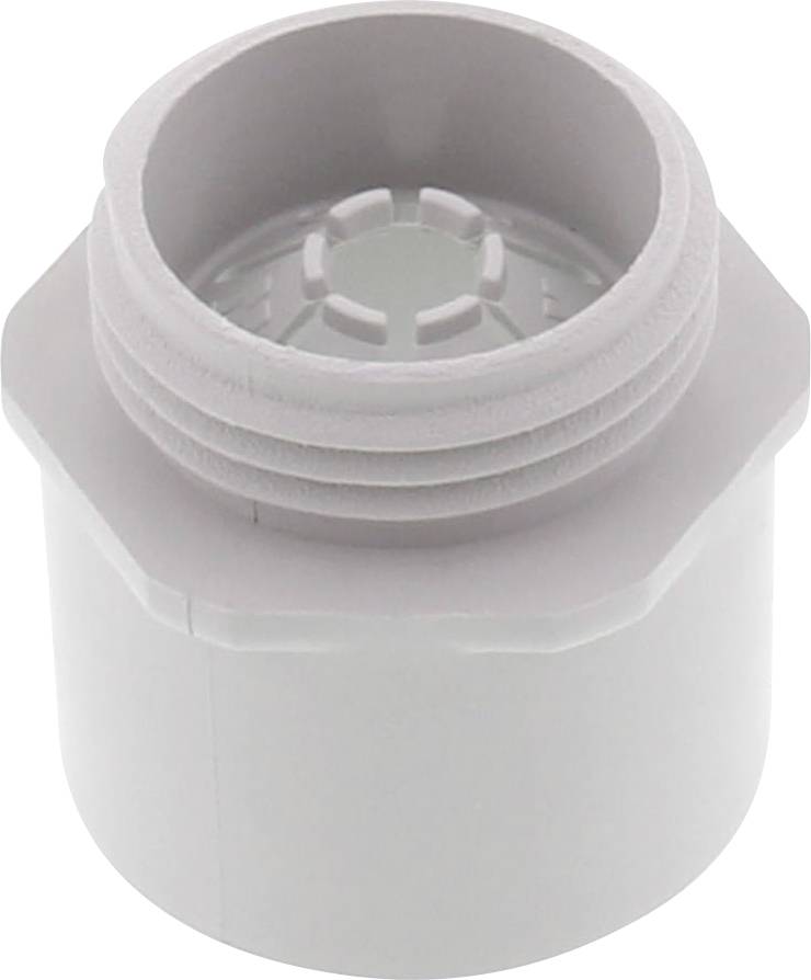 Biały, cylindryczny adapter z tworzywa sztucznego z gwintem, stosowany do łączenia rur lub węży w instalacjach sanitarnych lub zastosowaniach budowlanych.