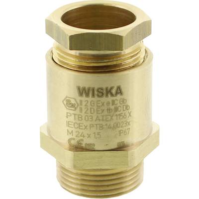 Mosiężny dławik kablowy z napisem 'WISKA'. Certyfikaty: ATEX, IECEx. Rozmiar: M24 x 1,5. Stopień ochrony: IP67.