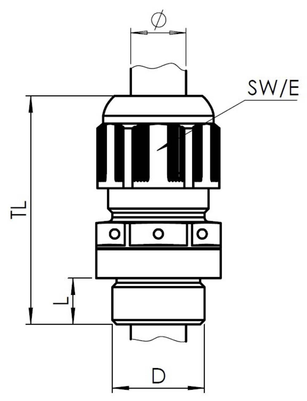Rysunek techniczny cylindrycznego elementu z wymiarami. Opisany etykietami 'SW/E', 'TL' oraz 'D'.