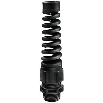 Czarny, spiralny przedmiot, prawdopodobnie element urządzenia mechanicznego lub elektronicznego, na białym tle.