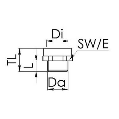 Rysunek techniczny cylindrycznego elementu z zaznaczonymi wymiarami: średnica zewnętrzna (Da), średnica wewnętrzna (Di), szerokość klucza (SW/E) oraz długość elementu (TL).