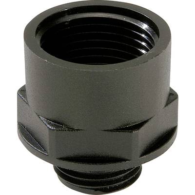 Czarny, cylindryczny kawałek metalu z gwintem, prawdopodobnie adapter lub złącze.