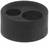 Okrągły czarny gumowy zatrzymywacz z dwoma otworami o różnej wielkości na górnej powierzchni.