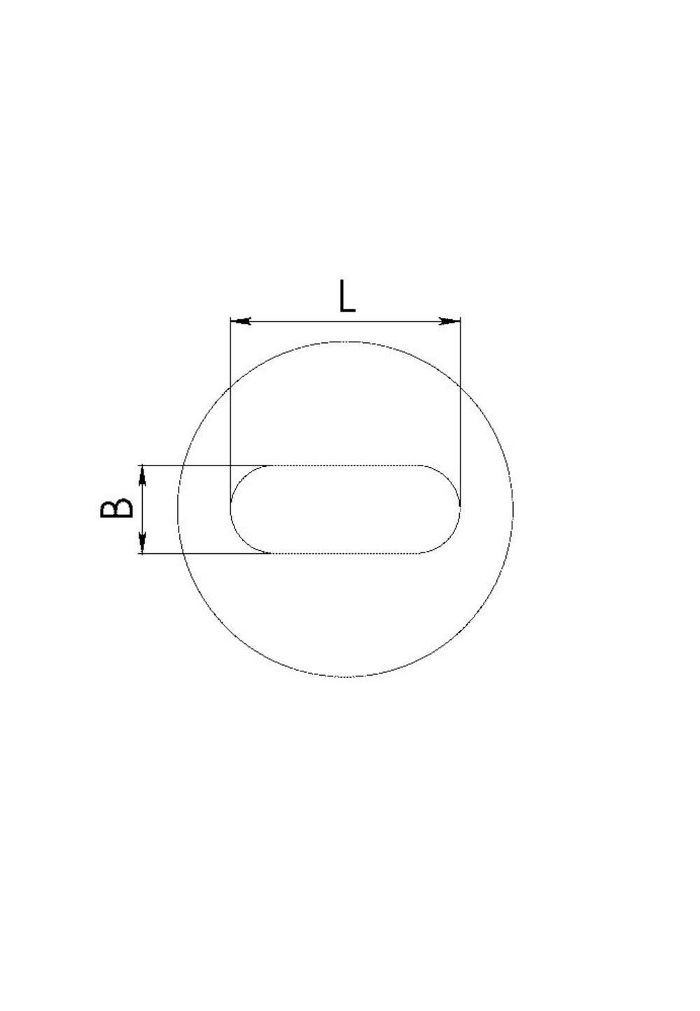 Techniczna szkic otworu podłużnego w okręgu. Otwór jest prostokątny z zaokrąglonymi końcami. Wymiary to L dla długości i B dla szerokości.