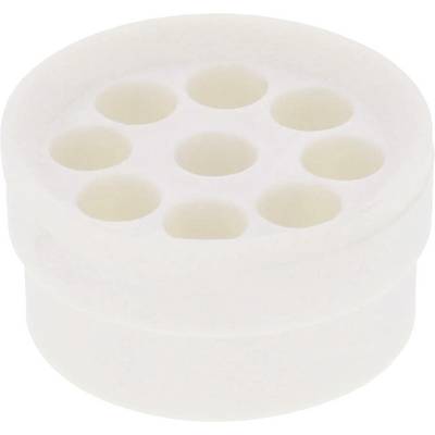 Okrągła, biała plastikowa część z siedmioma otworami na wierzchu, przypominająca przepust kablowy lub adapter techniczny.