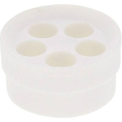 Biała plastikowa część, okrągła z czterema otworami o kształcie koła pośrodku, wyraźnie element techniczny lub adapter.
