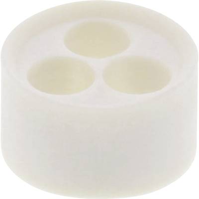 Plastikowy cylinder z trzema okrągłymi wgłębieniami na górze, prawdopodobnie część urządzenia lub zamknięcia.
