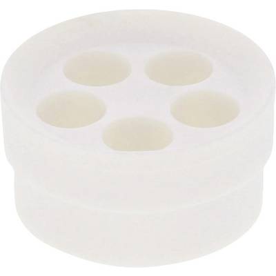 Okrągły, biały element plastikowy z czterema równomiernie rozmieszczonymi otworami. Mógłby służyć jako adapter lub uszczelka w zastosowaniach technicznych.