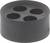 Czarny, okrągły przedmiot z czterema otworami w kształcie kół; może być wspornikiem lub uszczelką.