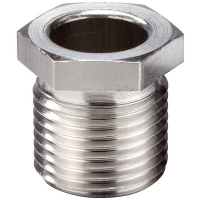 Metalowy adapter gwintowany do połączeń rurowych, o cylindrycznym kształcie z sześciokątną główką, w kolorze srebrnym, widziany z góry.