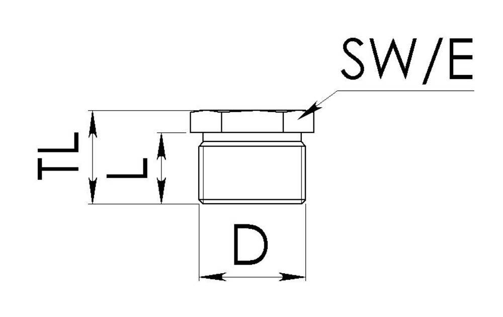 Rysunek techniczny cylindrycznego obiektu z wymiarami: całkowita długość 'TL', średnica 'D', szerokość klucza 'SW/E'.