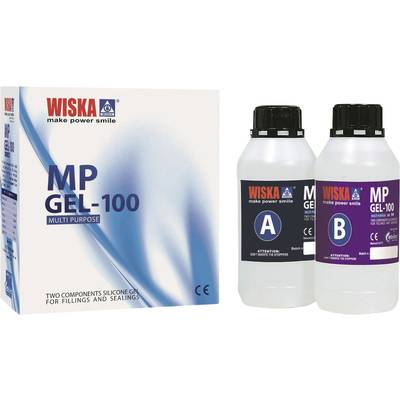 Opakowanie i dwie butelki z Wiska MP Gel-100. Żel silikonowy do wypełnień i uszczelnień, dwa komponenty (A i B).