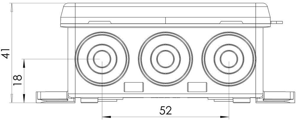 Rysunek techniczny prostokątnego urządzenia z trzema okrągłymi elementami, wymiary w milimetrach: wysokość 41, szerokość 52.