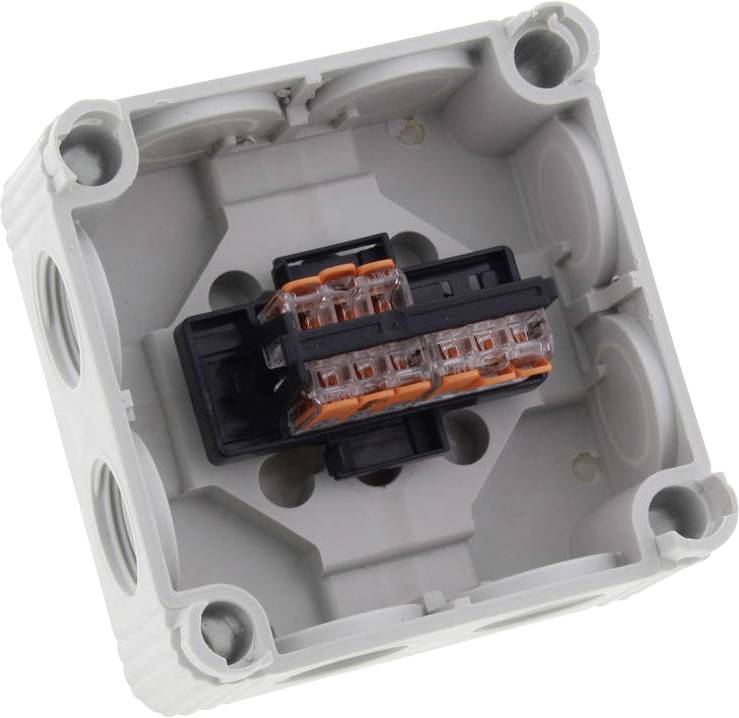 Elektryczna puszka rozdzielcza z listwą zaciskową wewnątrz, pokazana w otwartej formie. Nadaje się do łączenia przewodów w instalacjach elektrycznych.