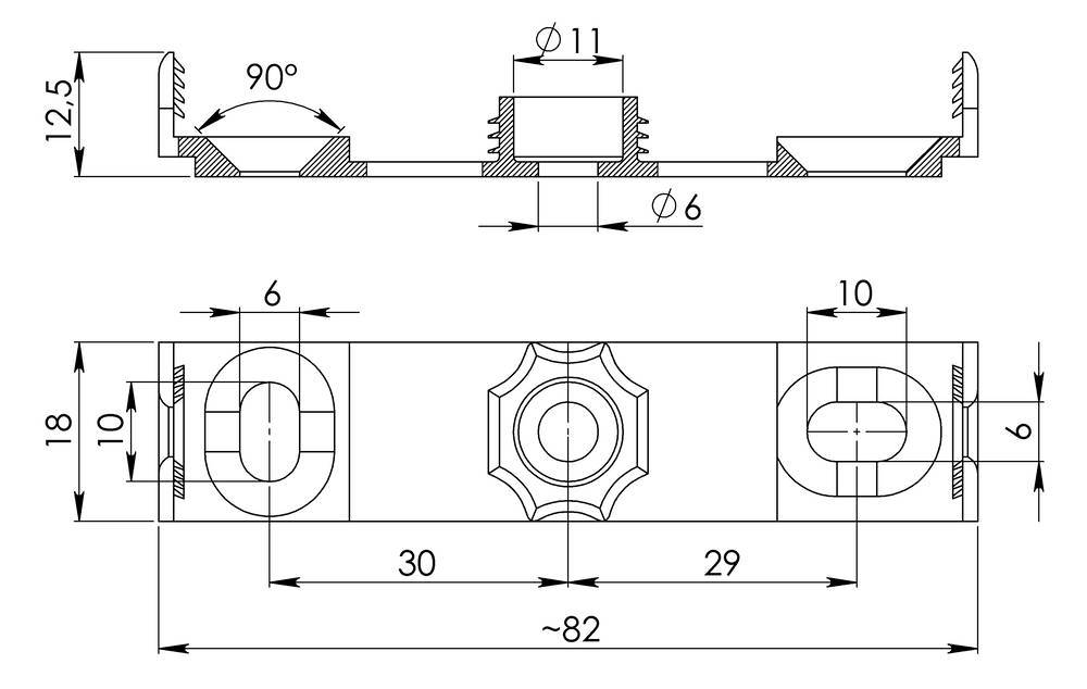 Rysunek techniczny profilu metalowego z wymiarami: długość ok. 82 mm, otwory o średnicy 6 mm i 11 mm, kąt 90°, wysokość 12,5 mm.