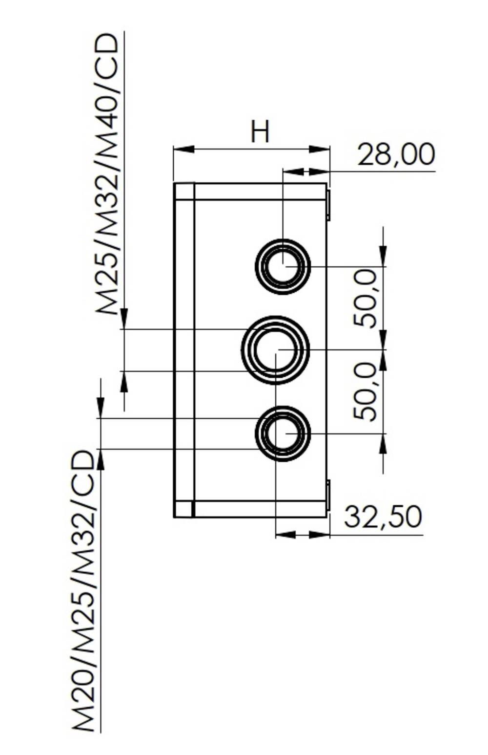 Rysunek techniczny prostokątnej skrzynki z trzema otworami wizyjnymi, oznaczony wymiarami 28,00 mm x 32,50 mm.