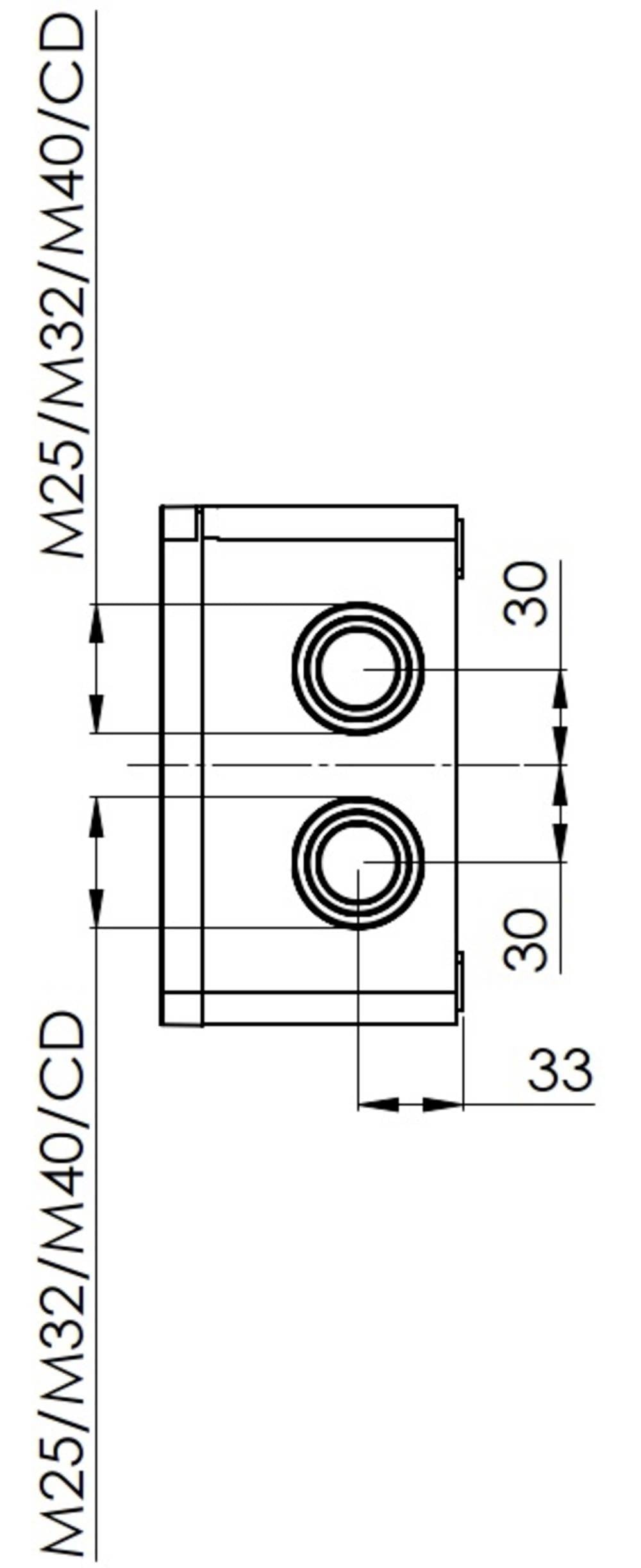 Rysunek techniczny przedstawia dwa równoległe otwory w prostokątnym bloku. Wymiary 33 mm x 30 mm. Oznaczenia: 'M25/M32/M40/CD'.