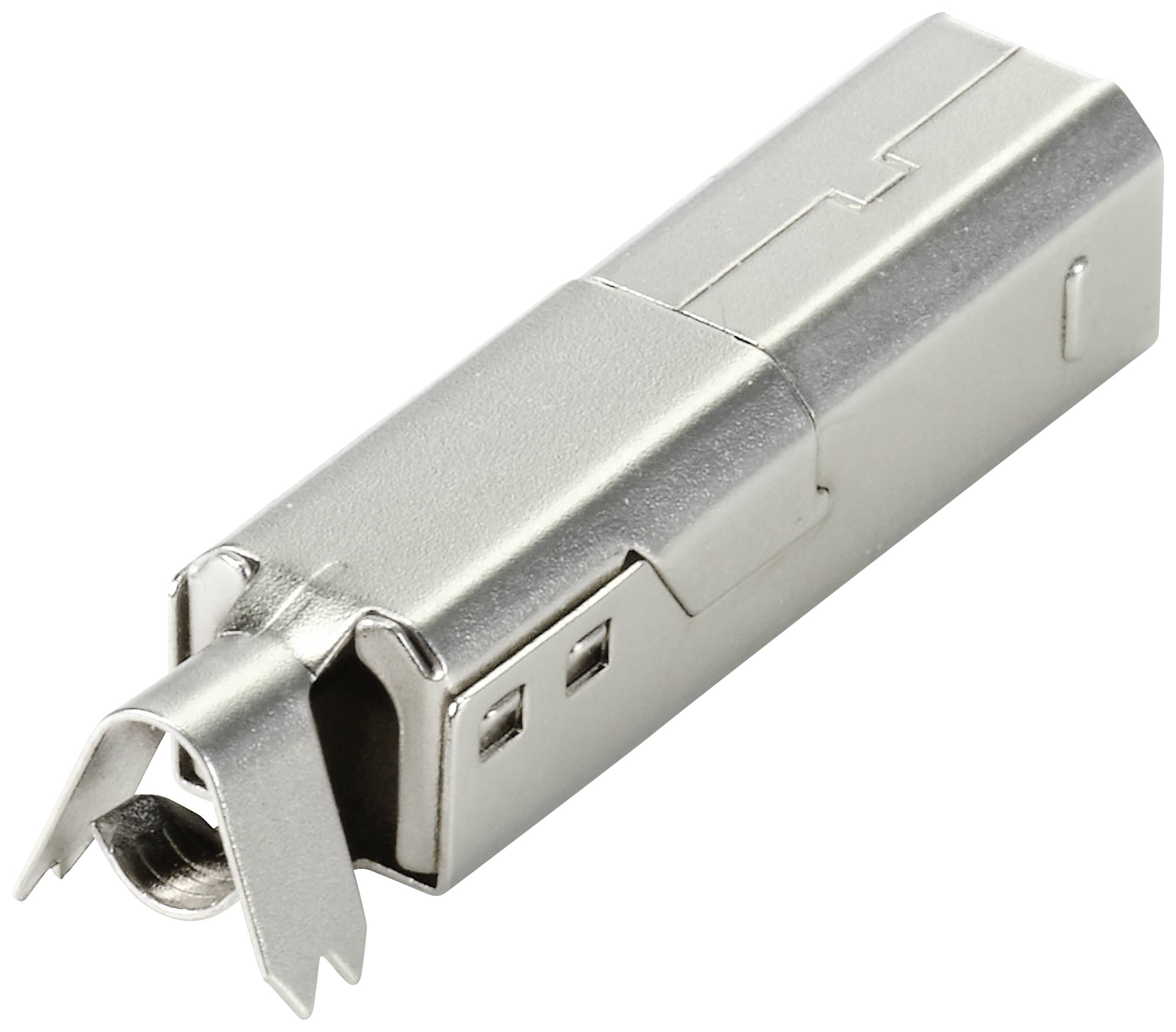 Srebrowa obudowa wtyczki USB, w kształcie prostokąta, bez kabla.