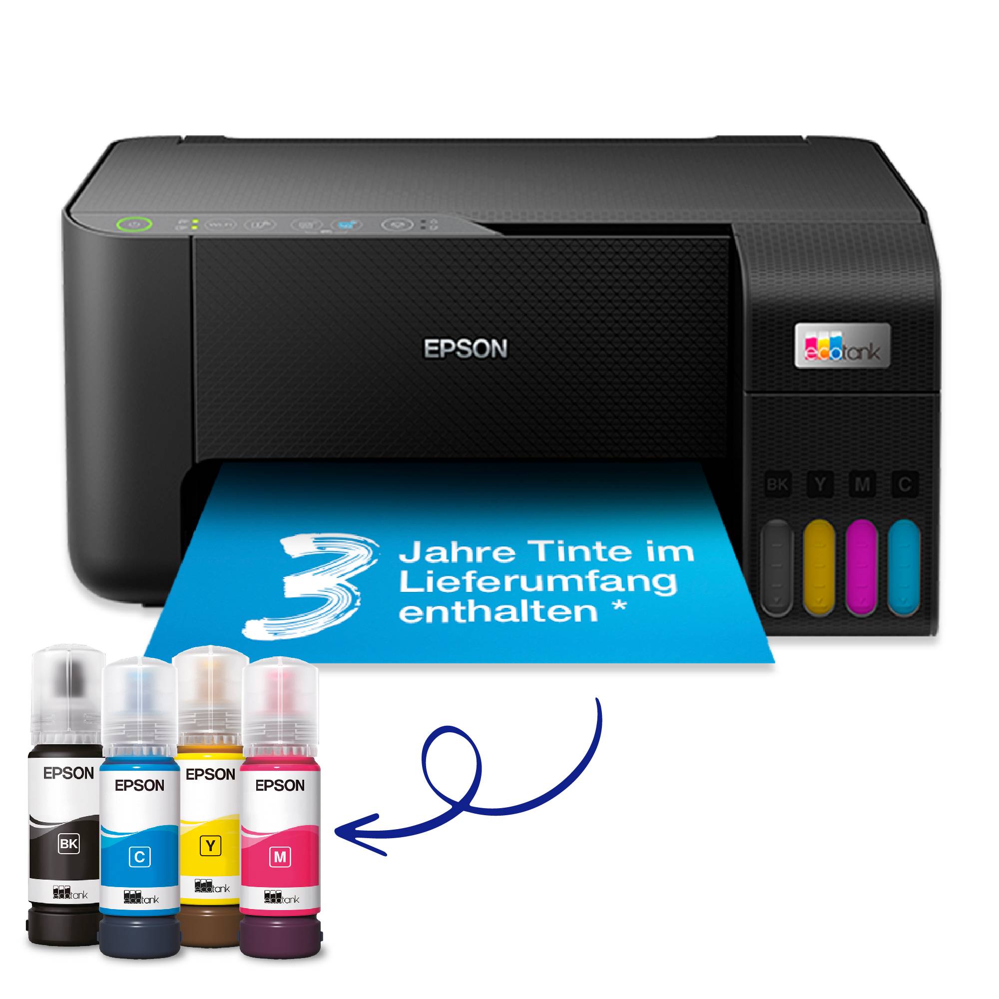 Drukarka Epson z czterema butelkami tuszu obok. Niebieski prospekt wystaje z drukarki z napisem '3 lata tuszu w zestawie'.