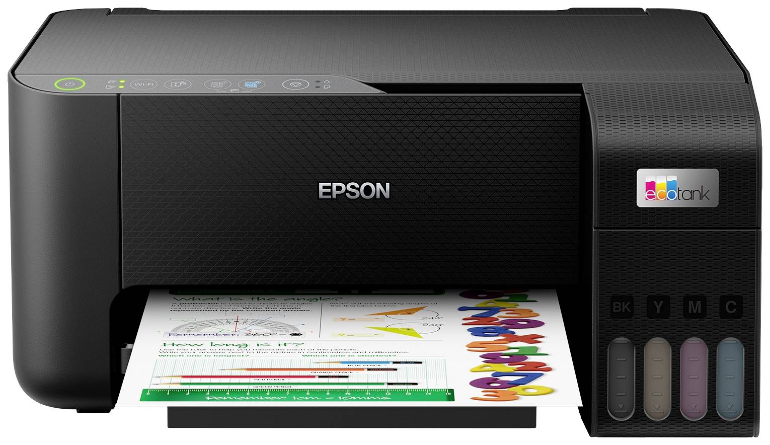 Czarny drukarka Epson drukuje kolorowy diagram. Drukarka jest wyposażona w zbiorniki z tuszem w kolorach czarnym, niebieskim, magenta i żółtym.