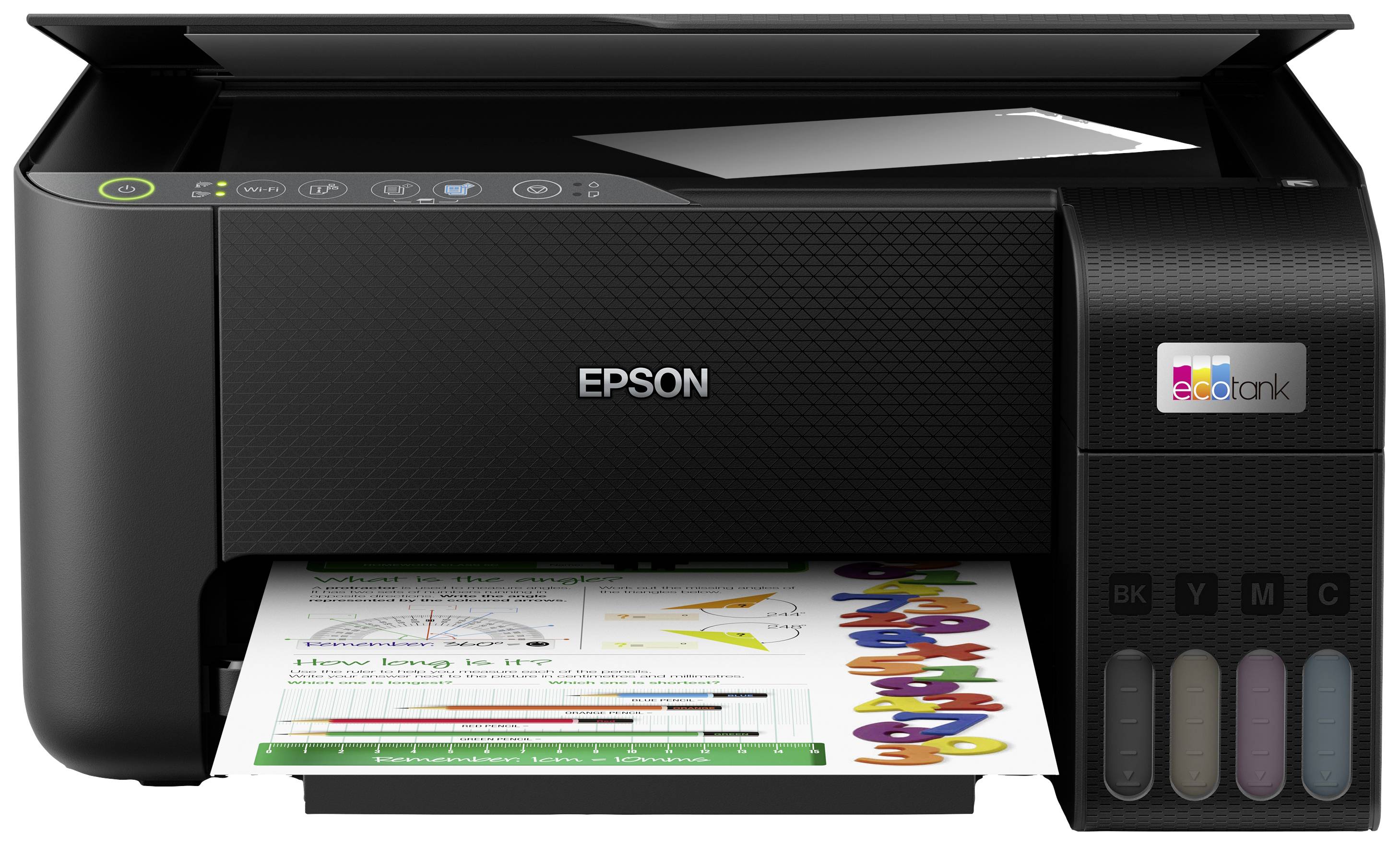 Czarny drukarka Epson drukuje kolorowy diagram i dokument. Na przedniej stronie widoczne są zbiorniki z tuszem.