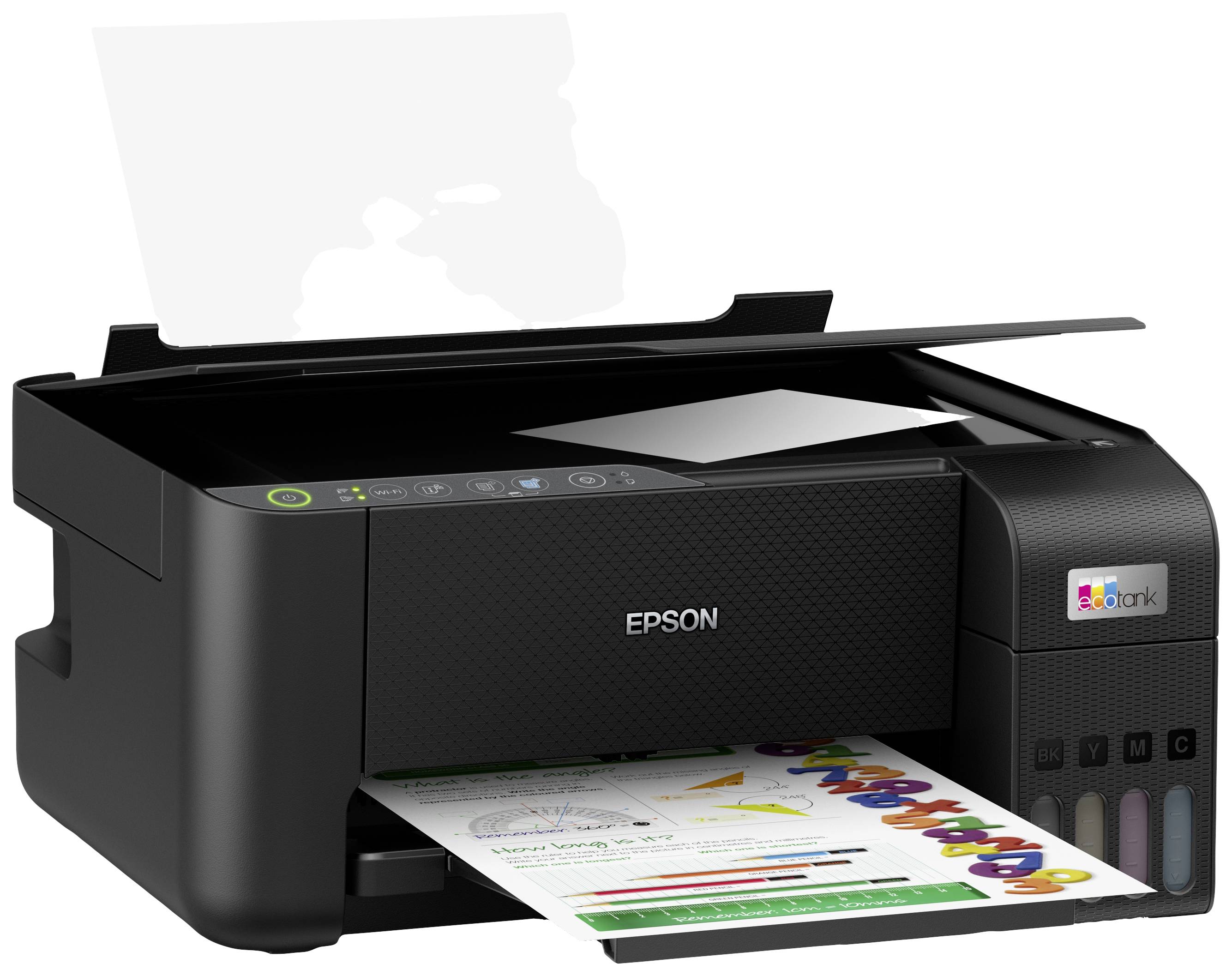 Drukarka drukuje kolorowy dokument z grafikami. Nazwa modelu drukarki 'Epson' jest widoczna z przodu.