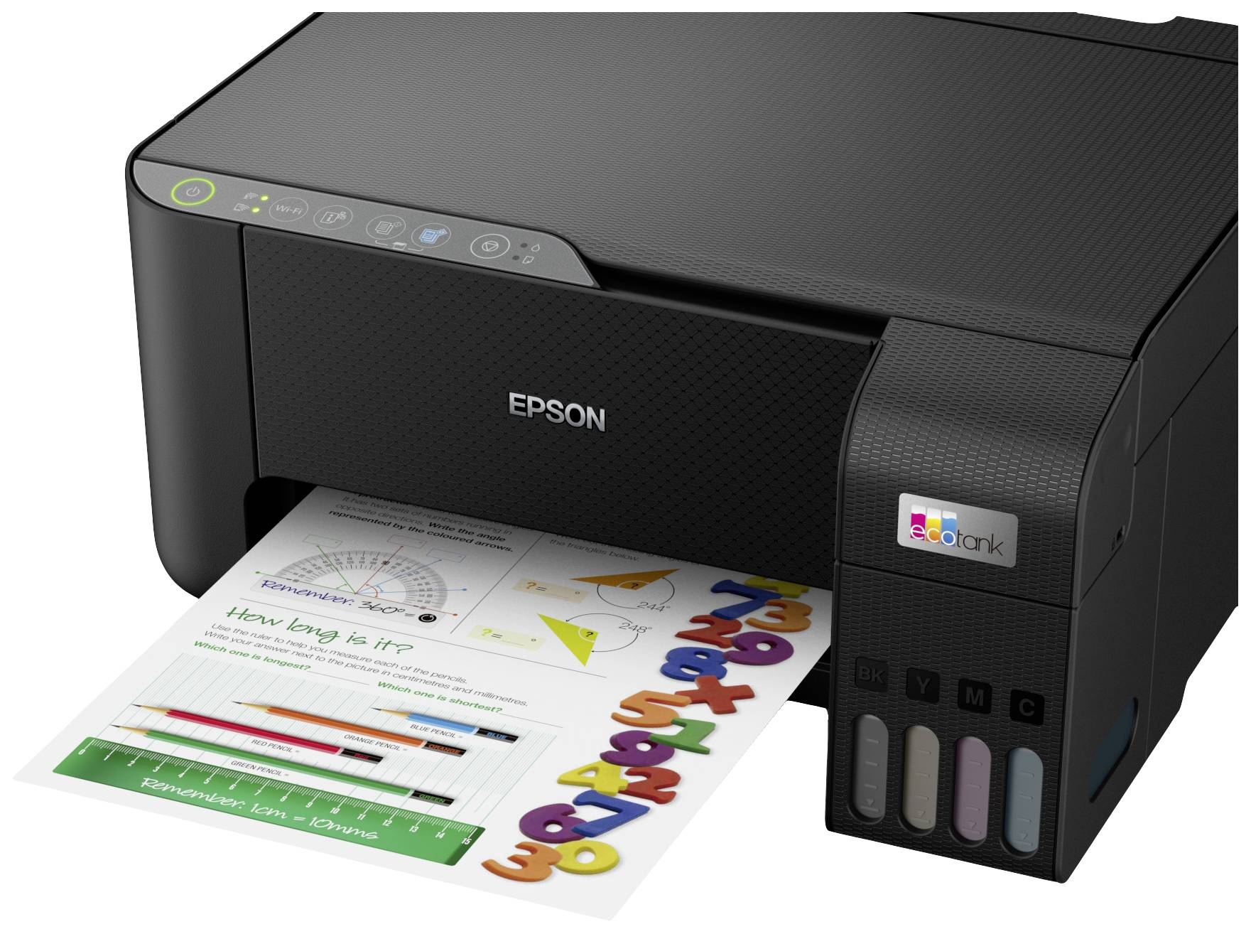 Drukarka Epson z wydrukowanym dokumentem przedstawiającym kolorowe grafiki i diagramy. Urządzenie posiada zintegrowane pojemniki na tusz.