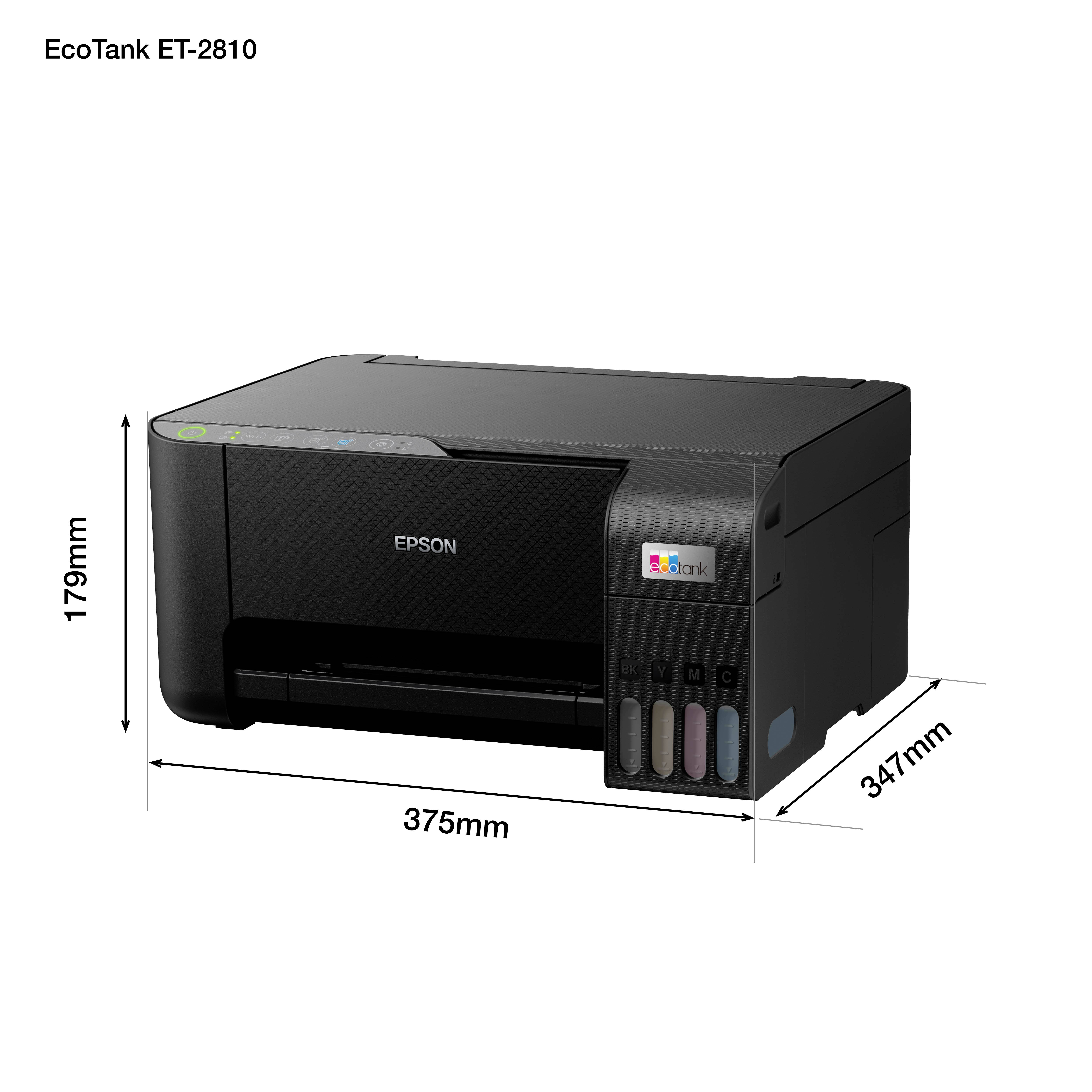 Czarny drukarka Epson EcoTank ET-2810 o wymiarach: 375 mm długości, 347 mm szerokości, 179 mm wysokości. Po lewej stronie widoczne są zbiorniki z tuszem.