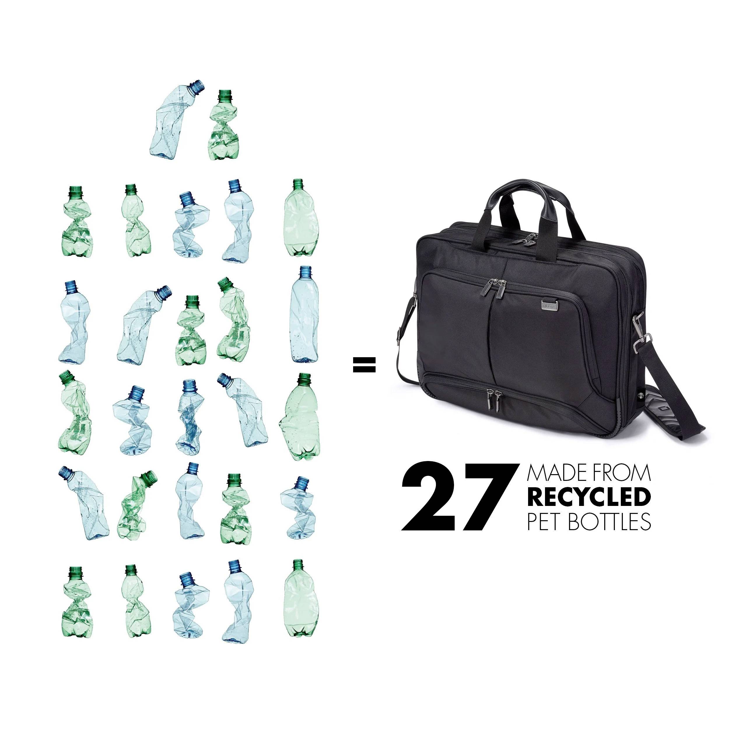 27 butelek PET poddanych recyklingowi' zostaje przekształconych w czarną torbę biurową. Po lewej stronie butelki, po prawej gotowa torba jako produkt końcowy.