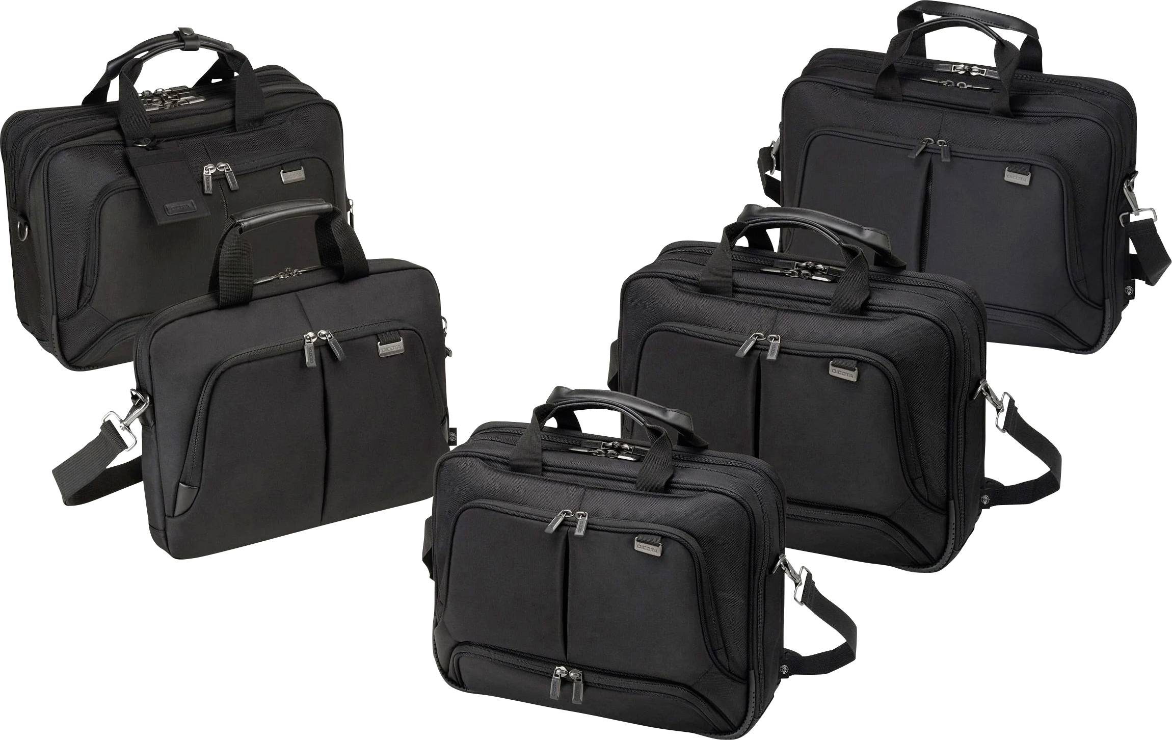 Pięć czarnych teczek w różnych rozmiarach z uchwytami i paskami na ramię, ustawionych na białym tle.