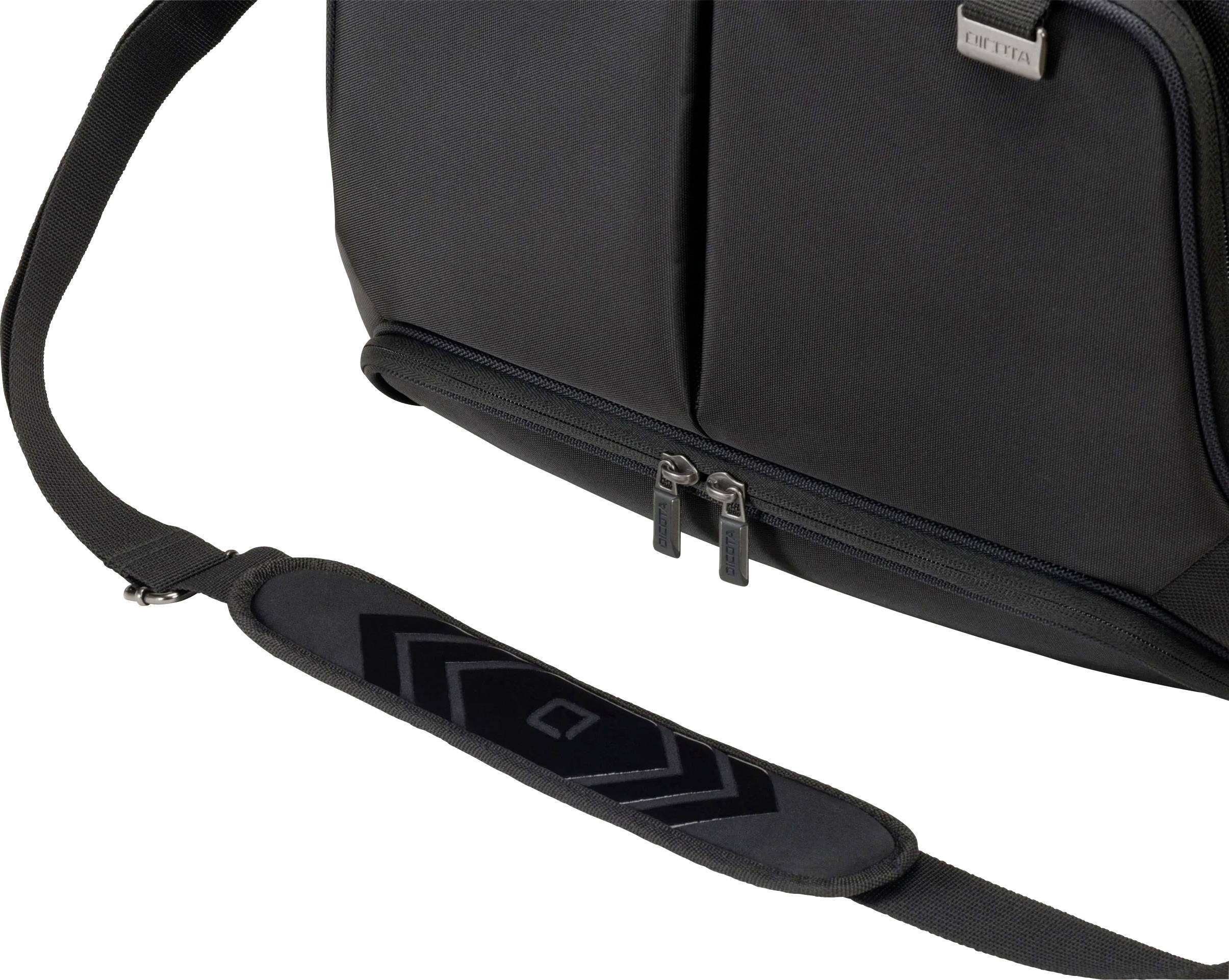 Czarna torba na laptopa z regulowanym paskiem na ramię i podwójnym zamkiem błyskawicznym. Wysokiej jakości, minimalistyczny design.