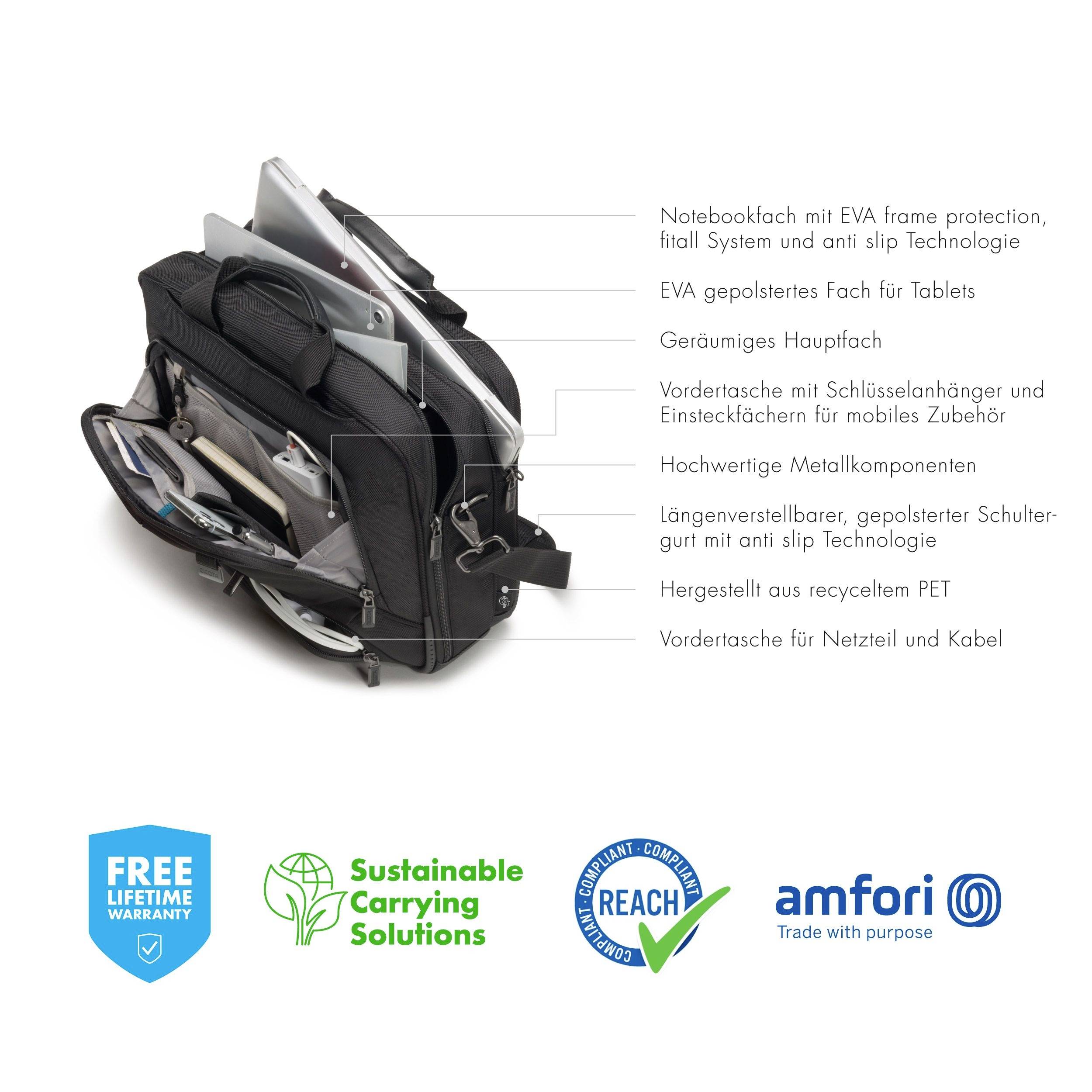 Czarny biznesowy plecak na laptopa, wypełniony laptopami, tabletami i akcesoriami. Tekst opisuje funkcje, takie jak ochrona EVA z ramą, wyściełane przegrody oraz regulowany pas na ramię. Na dole symbole gwarancji.