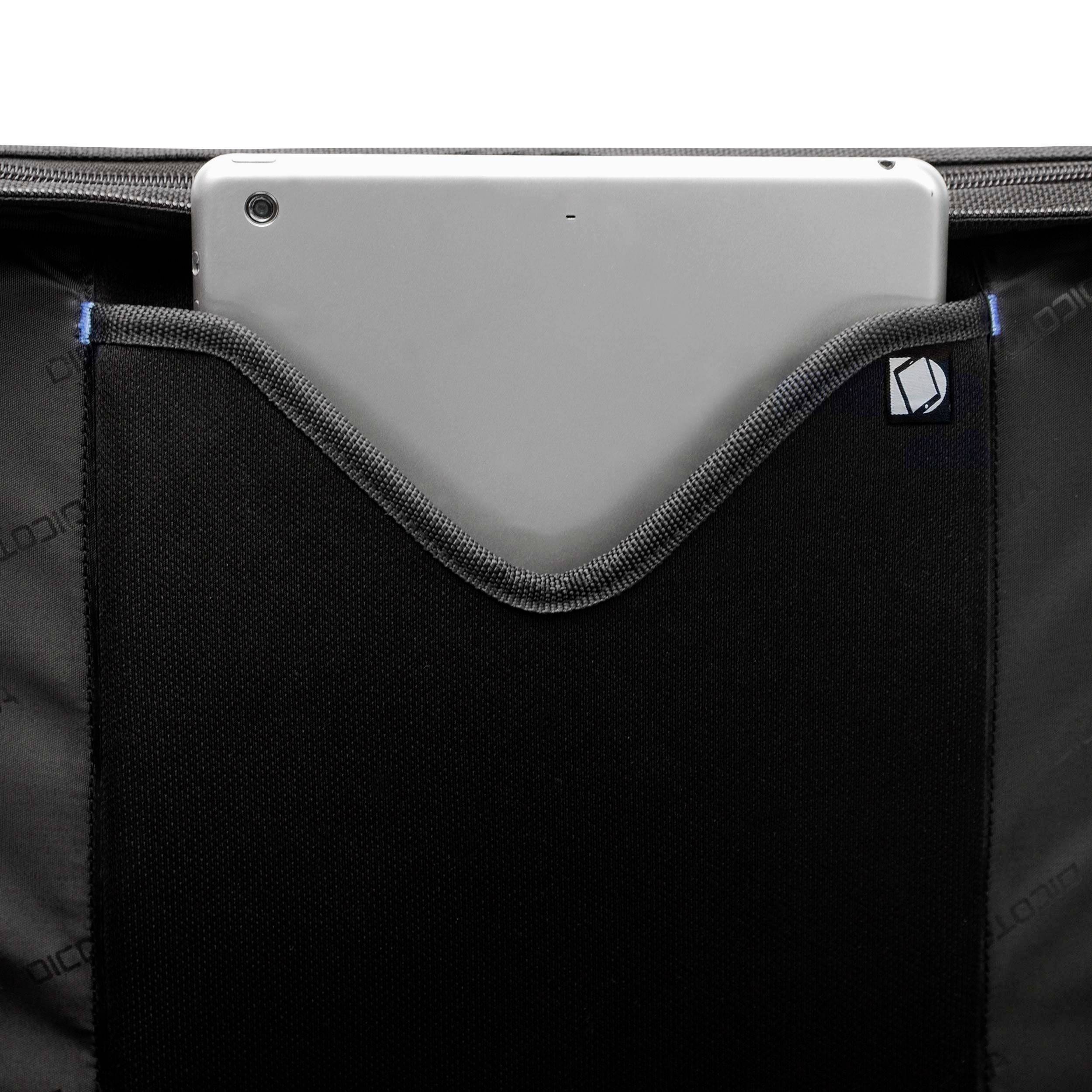 Tablet w czarnym etui, które jest otwarte od góry.