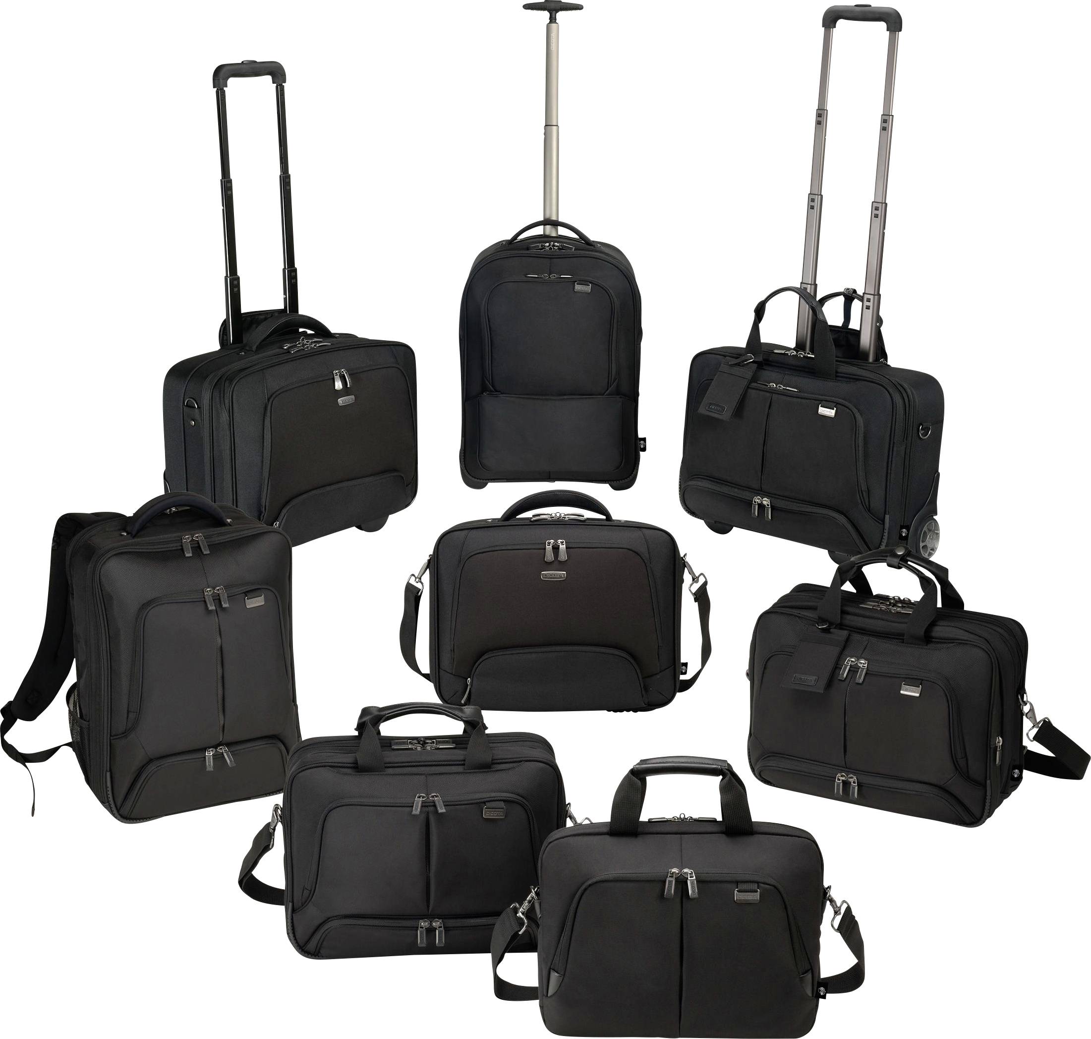 Kilka czarnych toreb podróżnych i plecaków, niektóre z wysuwaną rączką, stoi obok siebie w pionie.