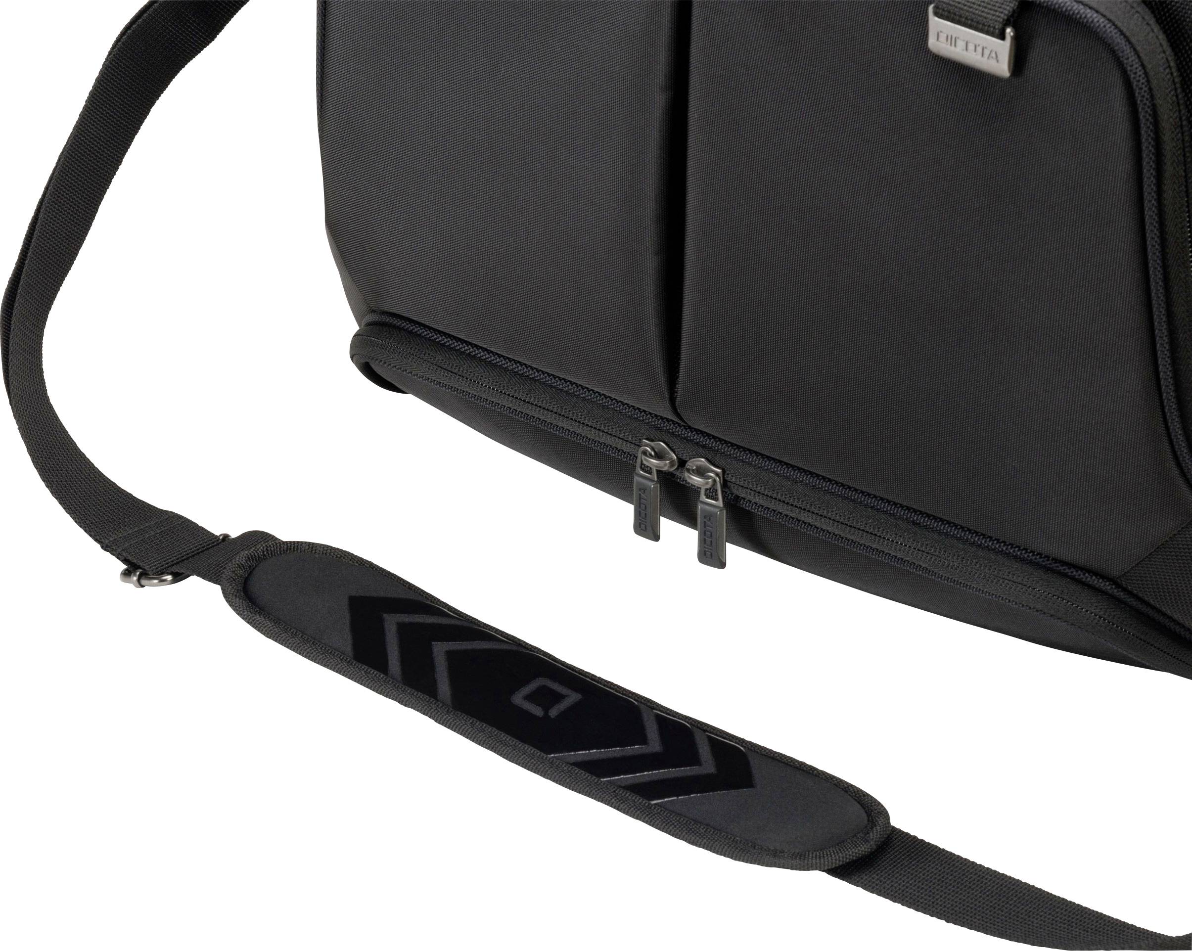 Czarna torba z regulowanym paskiem na ramię i dwoma zamkami błyskawicznymi z przodu.