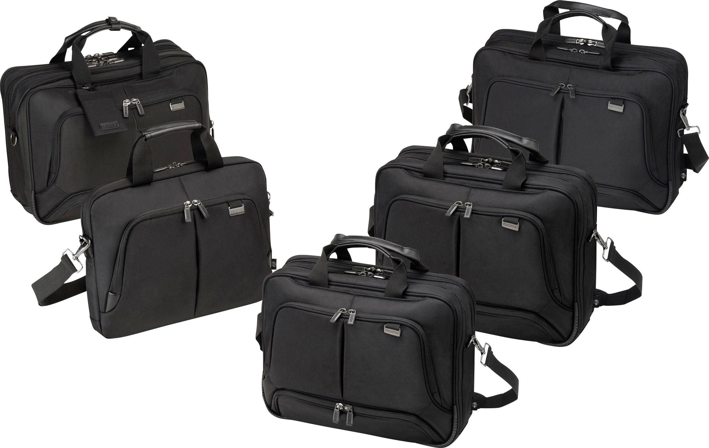 Pięć czarnych toreb na laptopa z zamkiem błyskawicznym, różnymi przegródkami i uchwytami, ułożonych w rzędzie na białym tle.