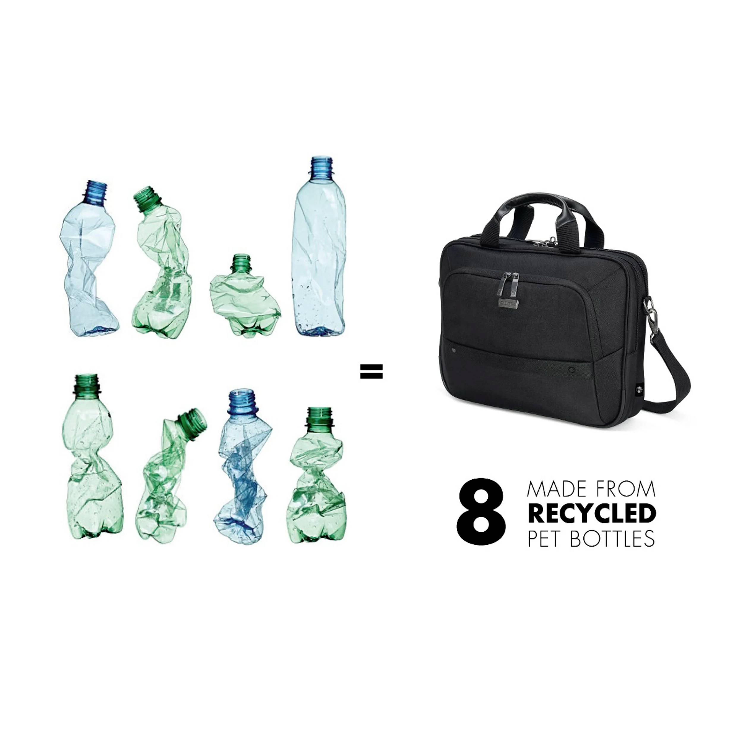 'Osiem zrecyklingowanych butelek PET odpowiada jednej czarnej torbie wykonanej z materiałów tych butelek.'