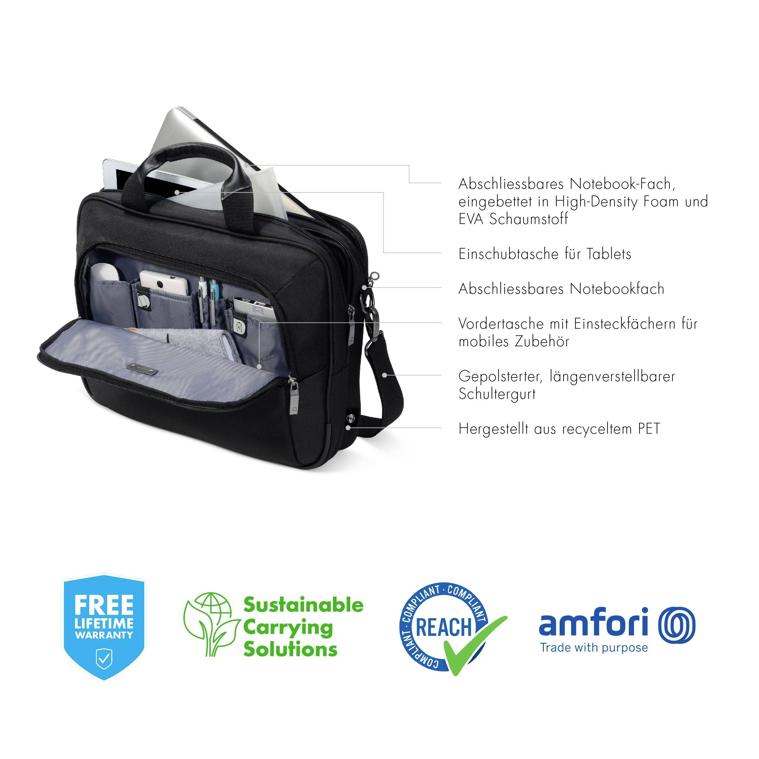 Czarna torba na laptopa, otwarta z przegródkami na laptopa, tablet i akcesoria. Symbole poniżej wskazują na gwarancję, zrównoważony rozwój i materiały.