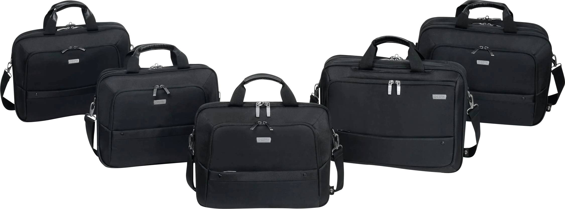 Pięć czarnych toreb na laptopy biznesowe ułożonych w kształcie półkola. Posiadają zamki błyskawiczne i uchwyty, idealne do użytku biurowego.