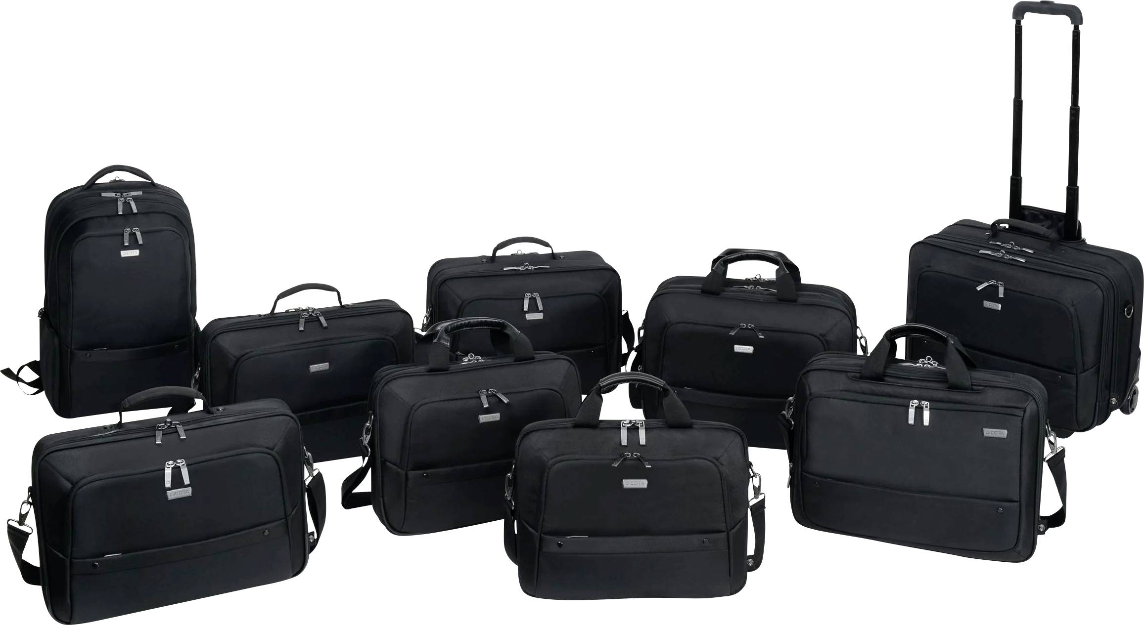 Kolekcja dziewięciu czarnych toreb biznesowych w różnych rozmiarach i wzorach, w tym walizka na kółkach, ułożona na białym tle.