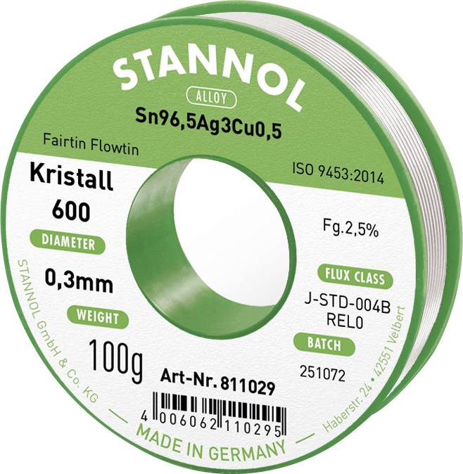 Котушка для безсвинцевого припою Stannol Kristall 600 Sn96.5Ag3Cu0.5 REL0 100 г 0.3 мм
