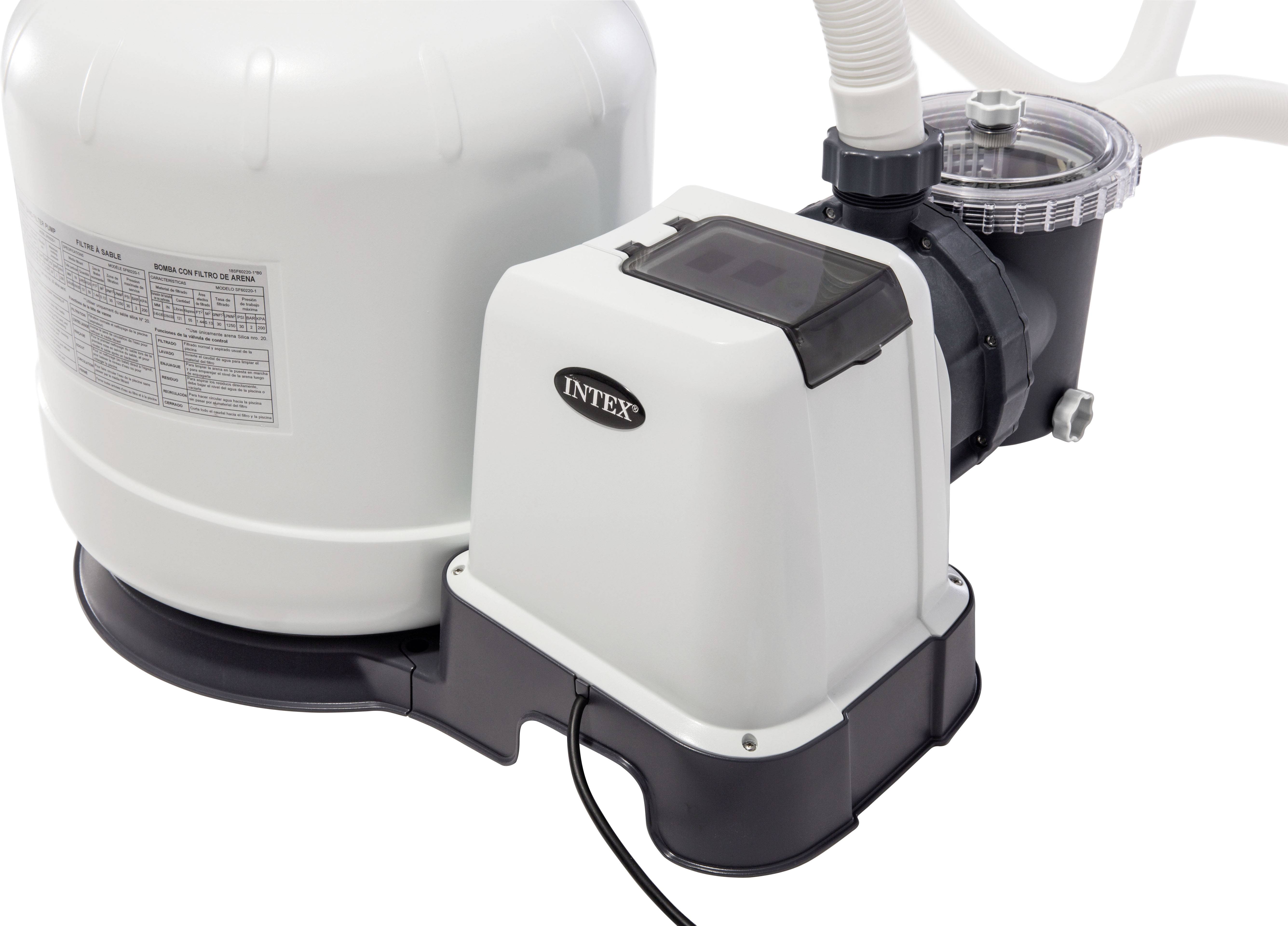 Biała instalacja filtracyjna do basenu z czarną podstawą i przezroczystym zbiornikiem, połączona białymi rurami.