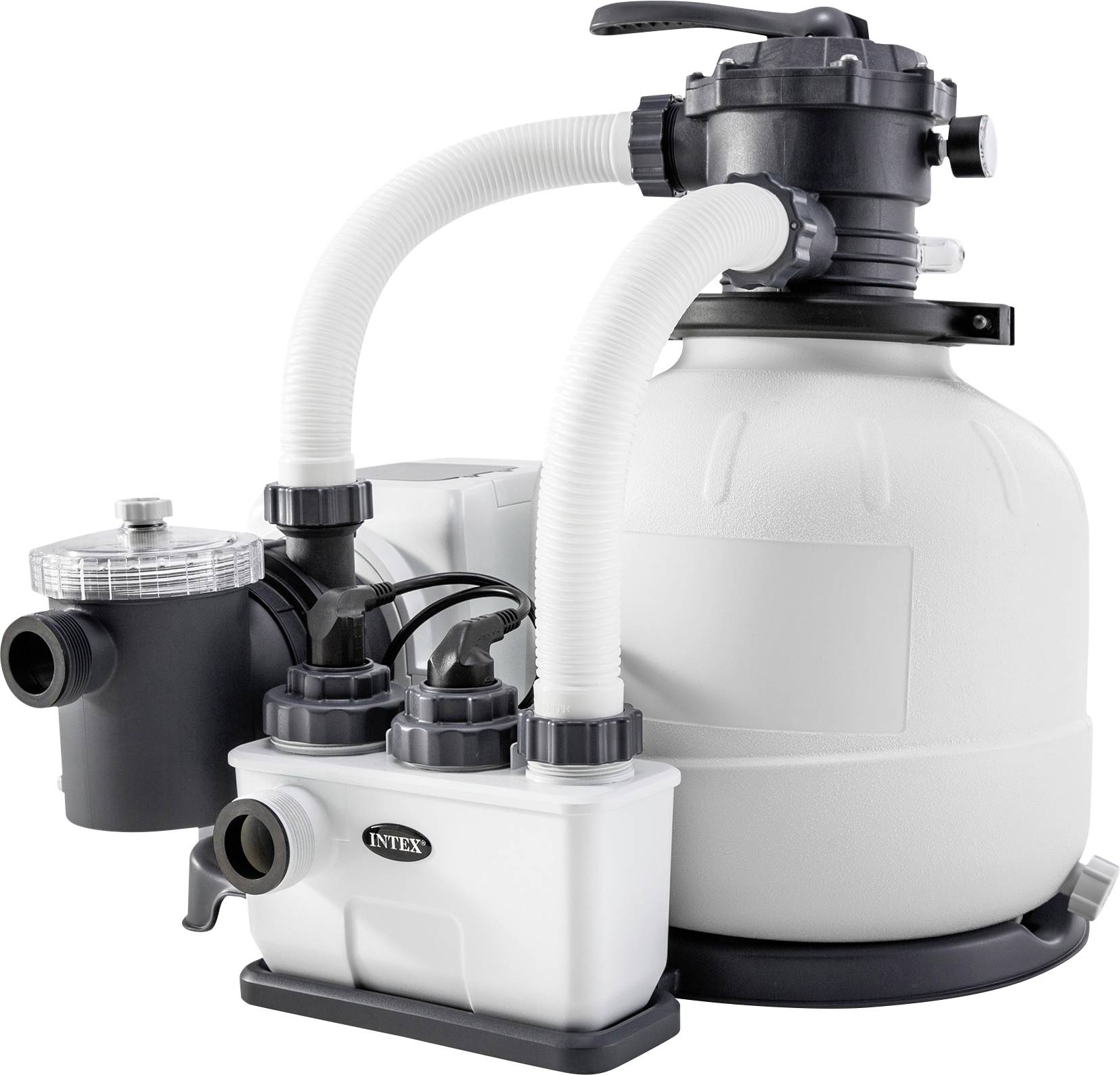 Biała piaskowa stacja filtracyjna z czarnymi przyłączami i wężami; odpowiednia do filtracji wody basenowej.