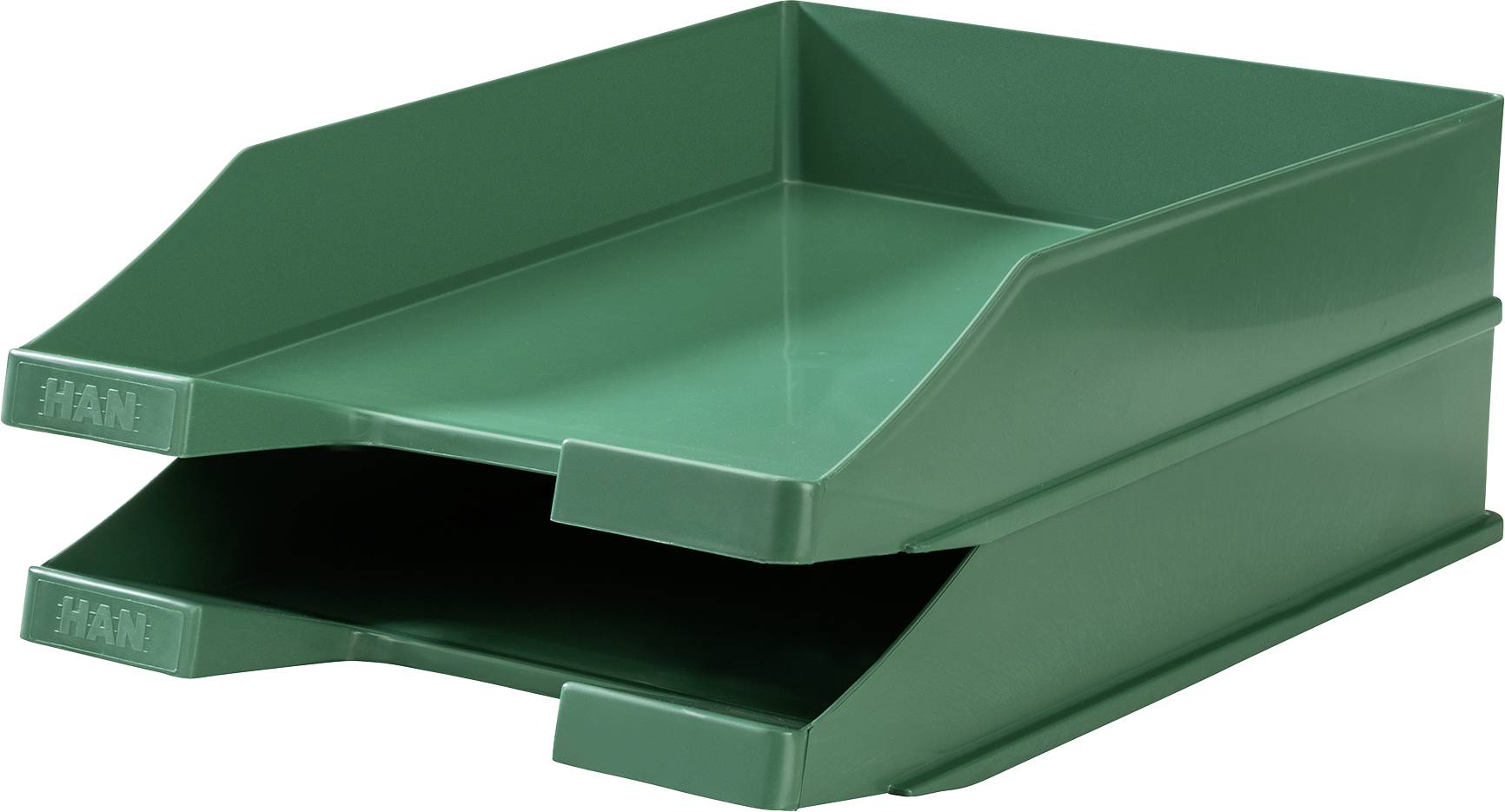 Dwa zielone, ułożone jeden na drugim plastikowe kosze do przechowywania dokumentów lub papieru w biurze.