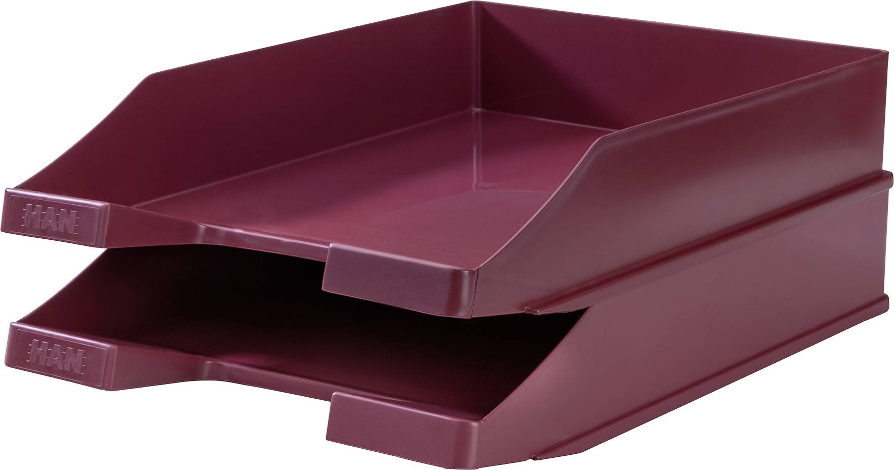 Dwie ciemnoczerwone plastikowe szufladki są ułożone jedna na drugiej, aby porządnie zorganizować dokumenty.