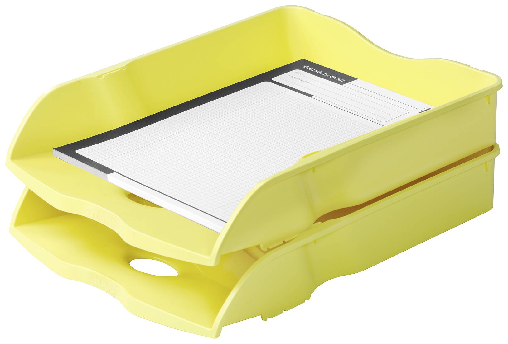 Żółty dwudzielny kosz na dokumenty. Na wierzchu leży notes z napisem 'Wspólnota'.